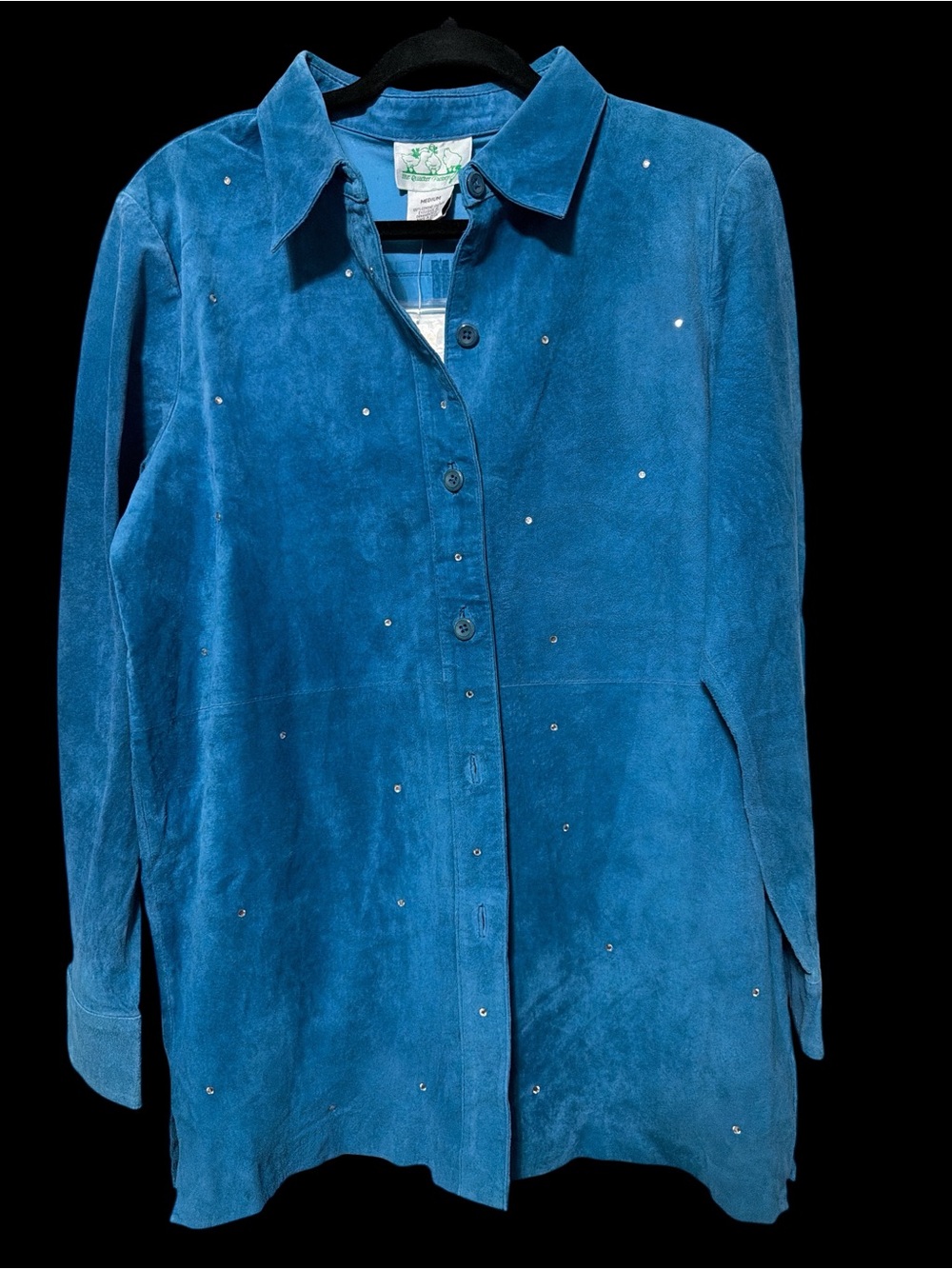 Quacker Factory Turquoise Blue Suede Button-Front Jacket with rhinestone Accents